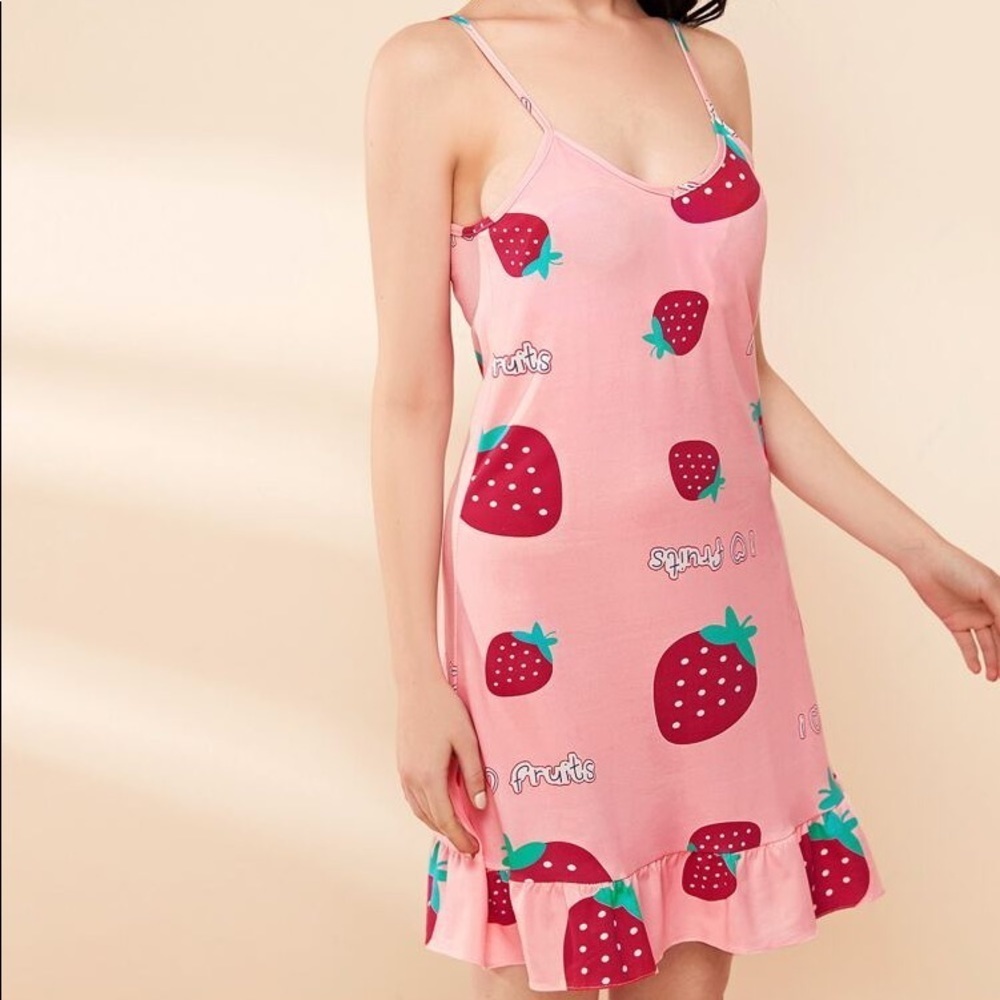 New Pink Strawberry Ruffle Cami Nightgown​ - Picture 3 of 6